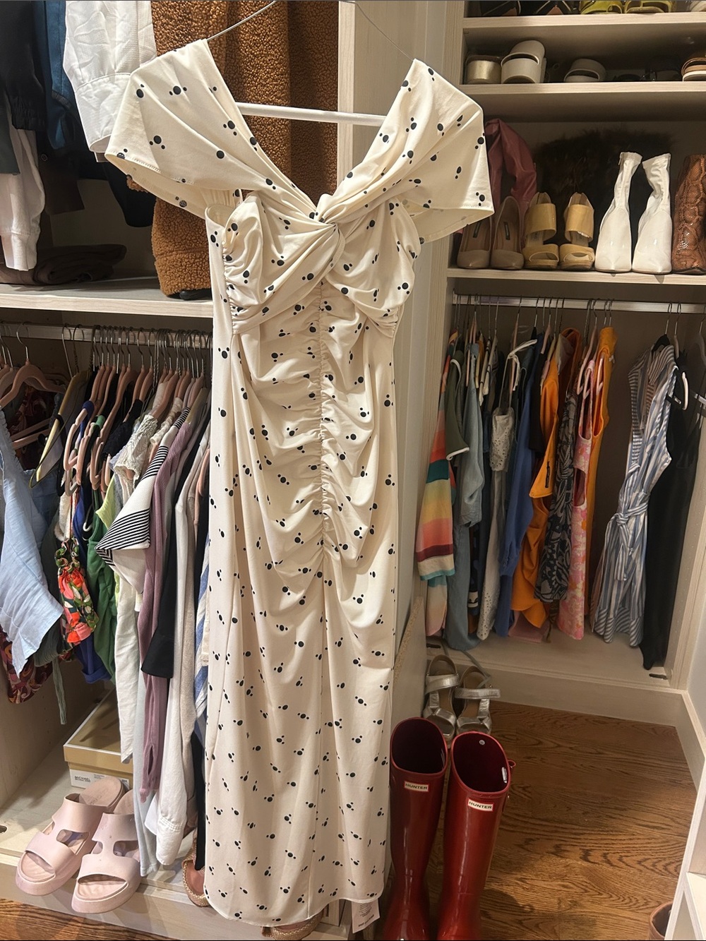 Self Portrait Off-Shoulder Ivory Polka Dot Ruched Maxi Dress